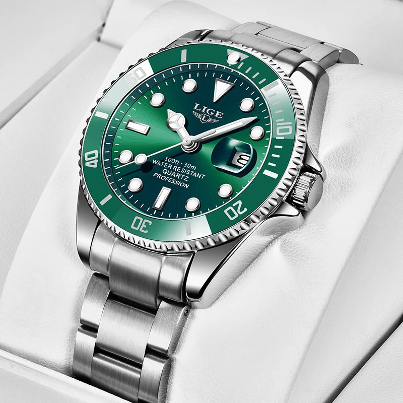 Montre Plongée LIGE Argent & Vert - Quartz 30 ATM