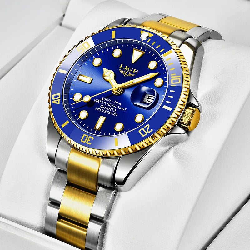 Montre de Plongée LIGE Dorée & Bleue - Quartz 30 ATM