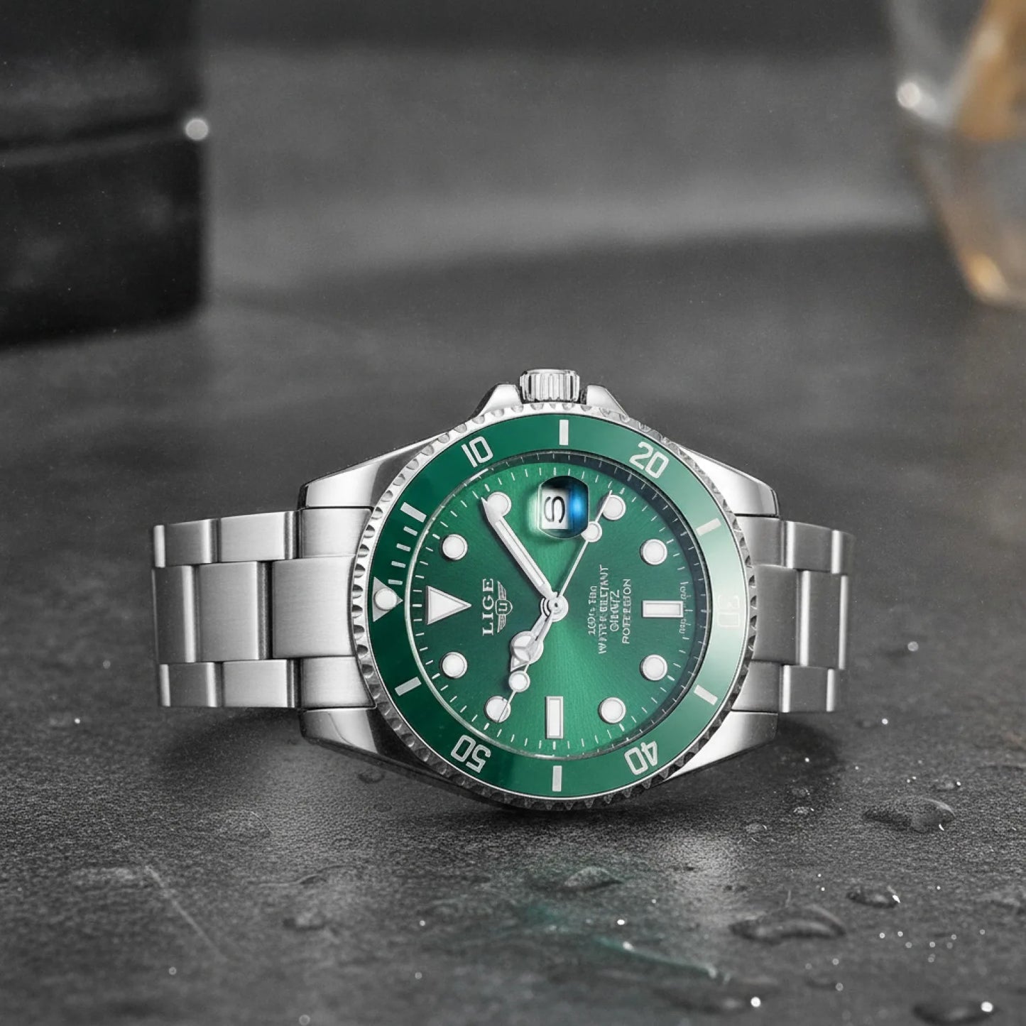 Montre Plongée LIGE Argent & Vert - Quartz 30 ATM