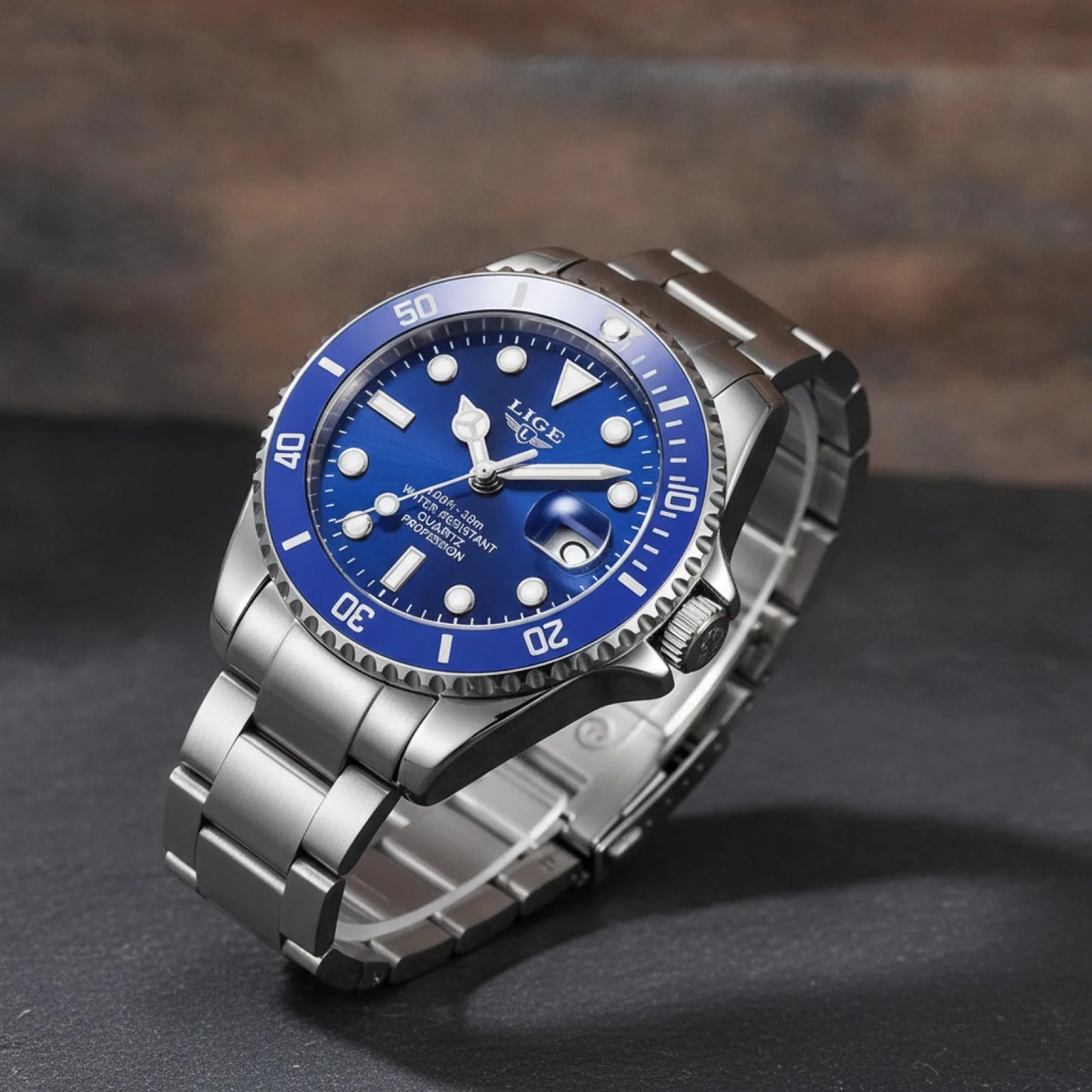 Montre Plongée LIGE Argenté Cadran Bleu