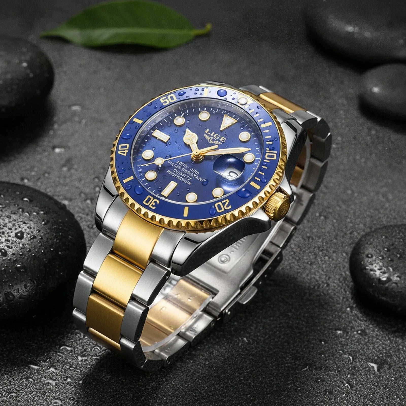 Montre de Plongée LIGE Dorée & Bleue - Quartz 30 ATM