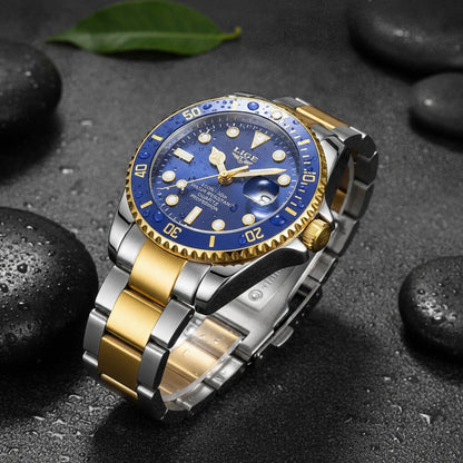 Montre de Plongée LIGE Dorée & Bleue - Quartz 30 ATM