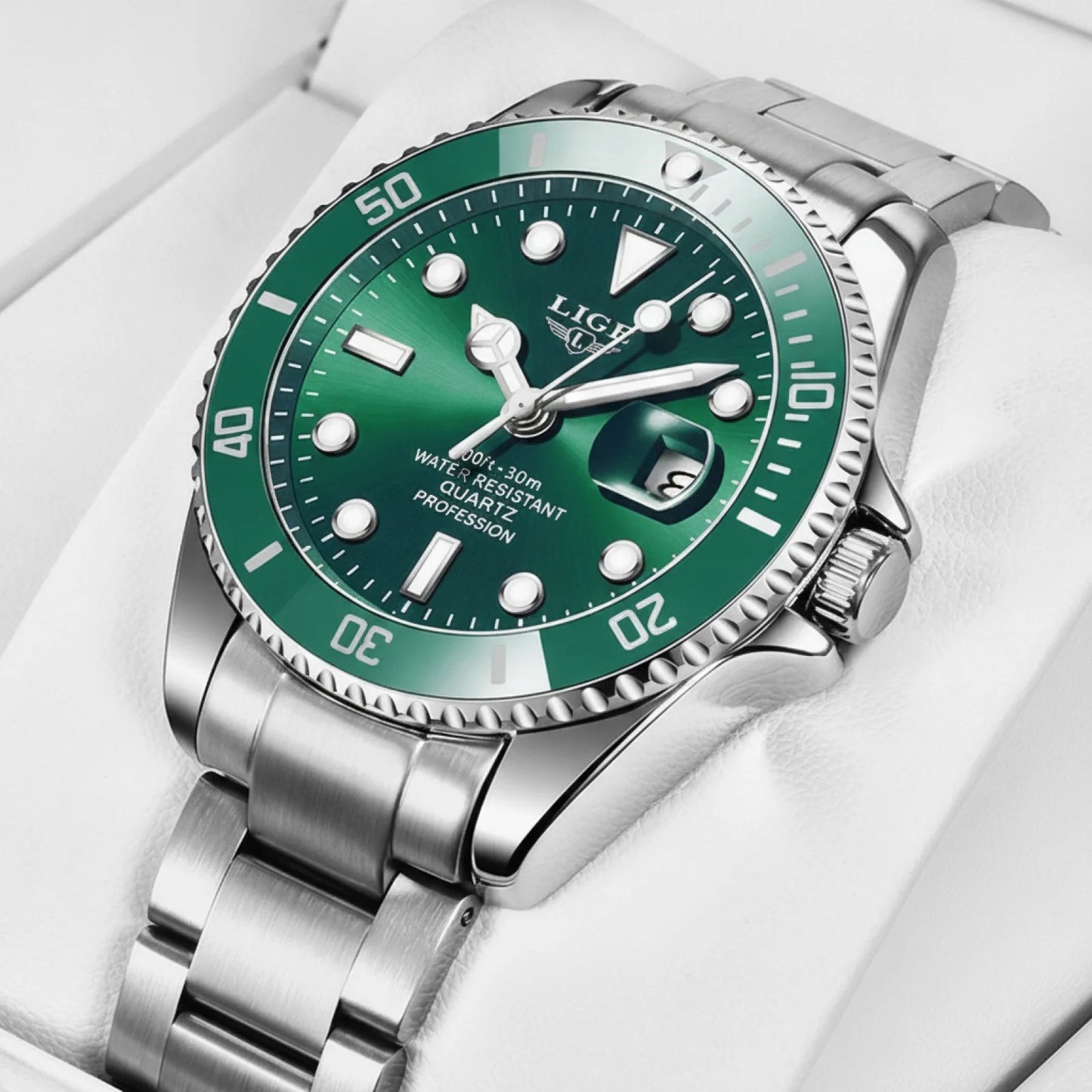 Montre Plongée LIGE Argent & Vert - Quartz 30 ATM