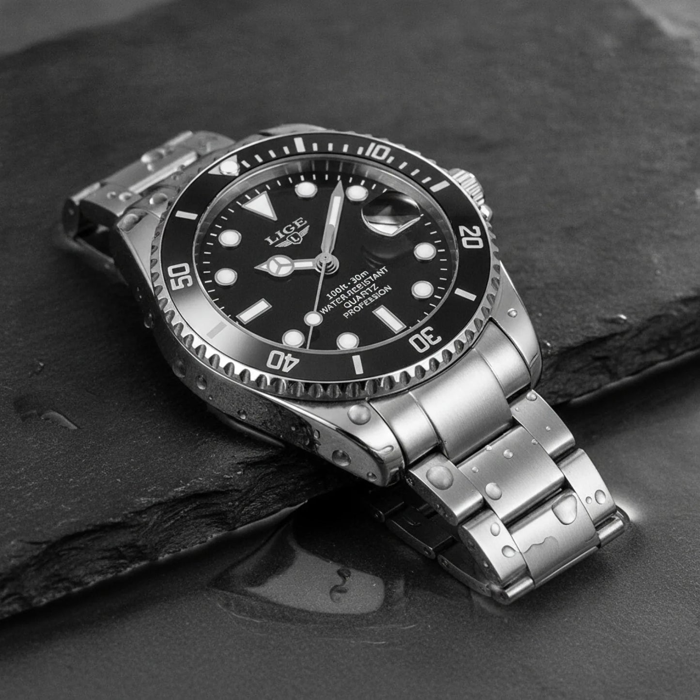 Montre de Plongée LIGE Argent & Noir - Luxe & Étanche 300m