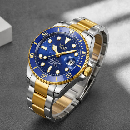 Montre de Plongée LIGE Dorée & Bleue - Quartz 30 ATM