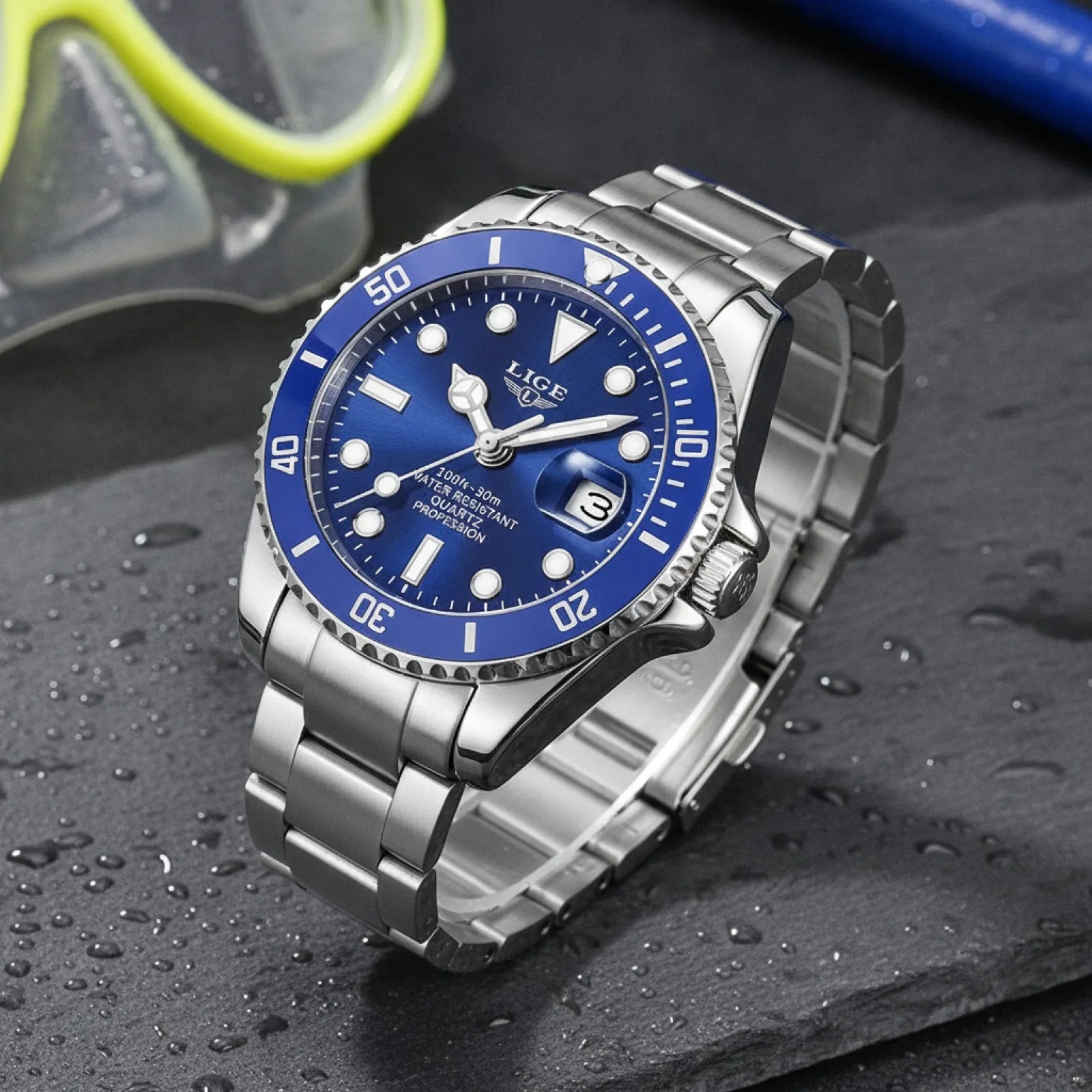 Montre Plongée LIGE Argenté Cadran Bleu
