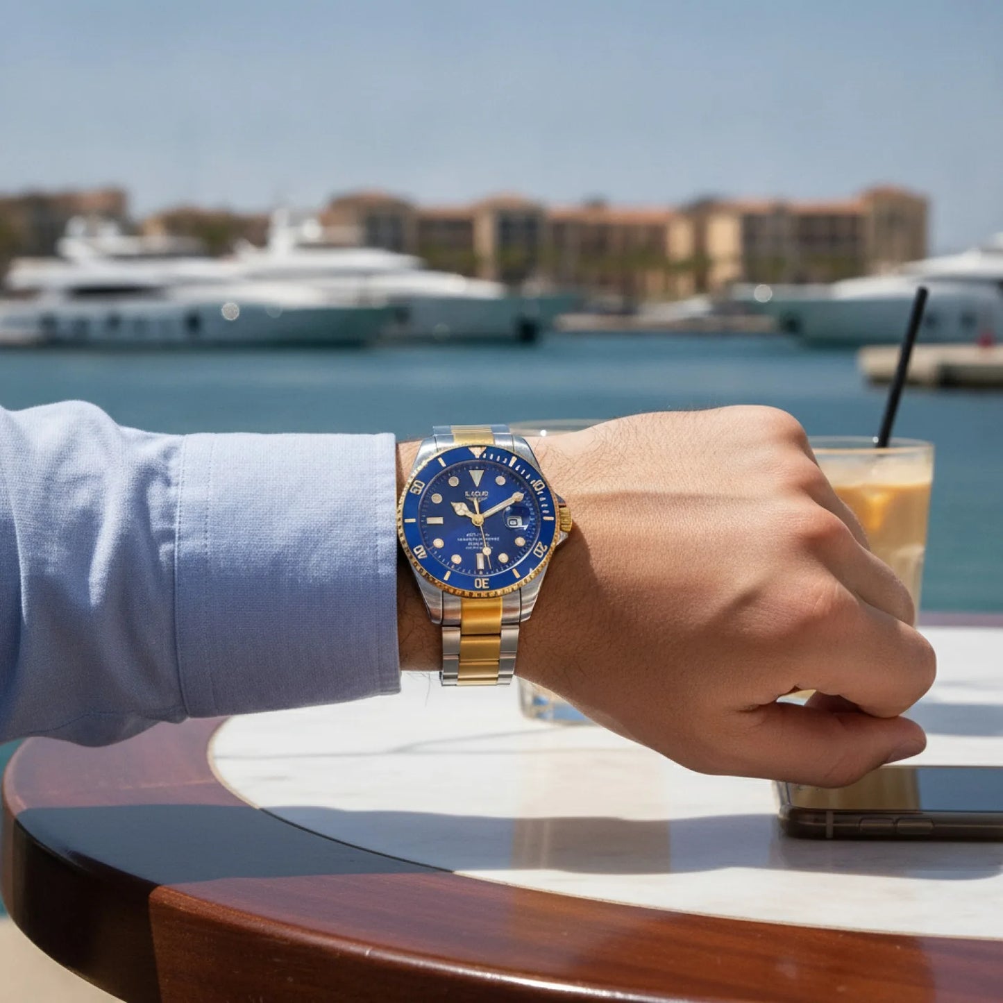 Montre de Plongée LIGE Dorée & Bleue - Quartz 30 ATM