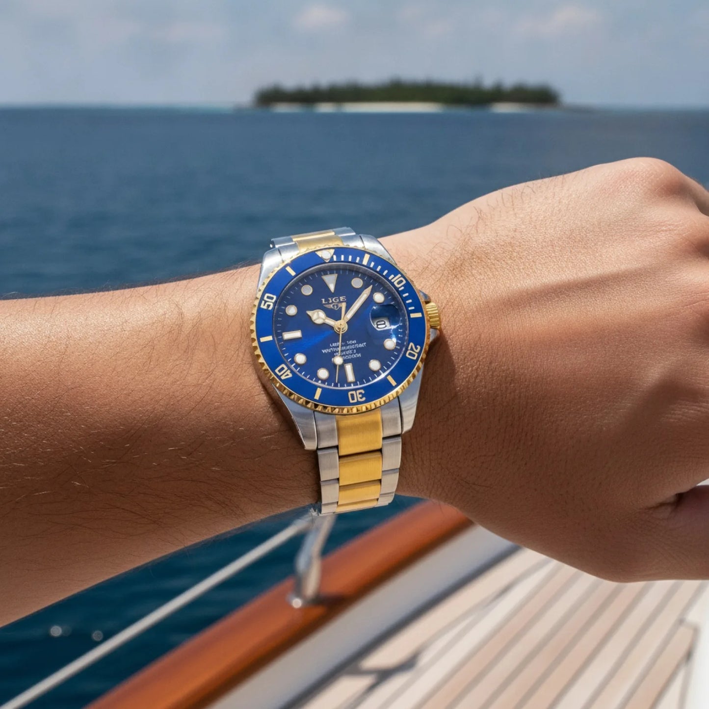 Montre de Plongée LIGE Dorée & Bleue - Quartz 30 ATM