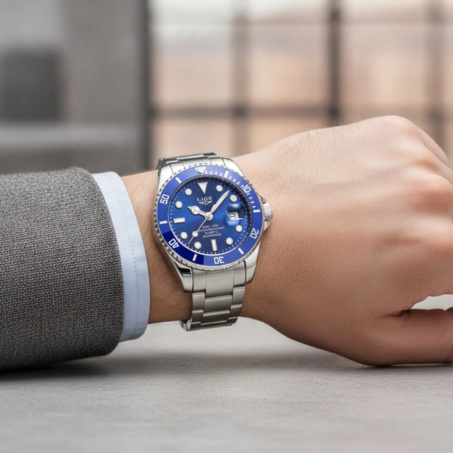 Montre Plongée LIGE Argenté Cadran Bleu